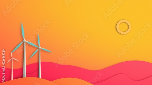 clean energy wind investment, concept Colorful landscape with wind turbines against a bright sunset background.
