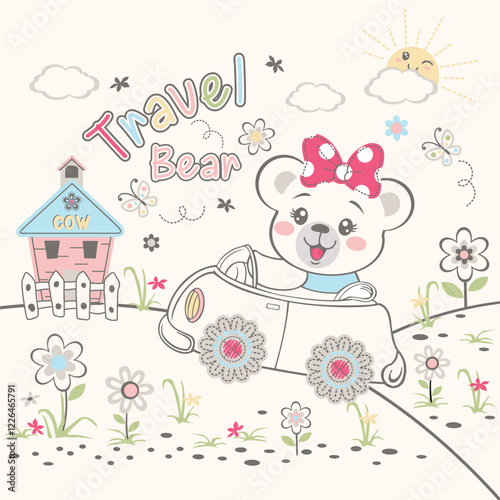 Cute bear vector surrounded by beautiful floral decoration and small insects, creating a peaceful nature scene

