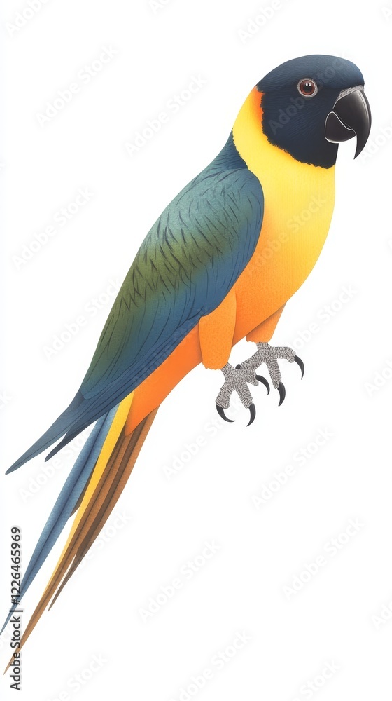 Fototapeta premium Watercolor Painting of a Parrot on a White Background - A vibrant watercolor depiction of a parrot symbolizing nature, wildlife, color, beauty, and freedom.