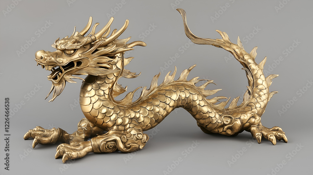 Obraz premium A golden dragon sculpture with intricate details, featuring a long body, sharp spikes, and an expressive face, set against a neutral background.