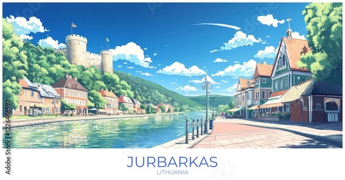 Jurbarkas Lithuania Travel Poster Flat Illustration Print Decor Gift Canvas Wall Art photo