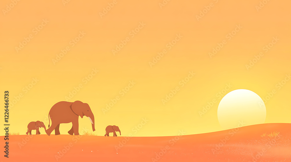 Thai elephant family moving across a golden sunset horizon Thai elephant family moving across a golden sunset horizon