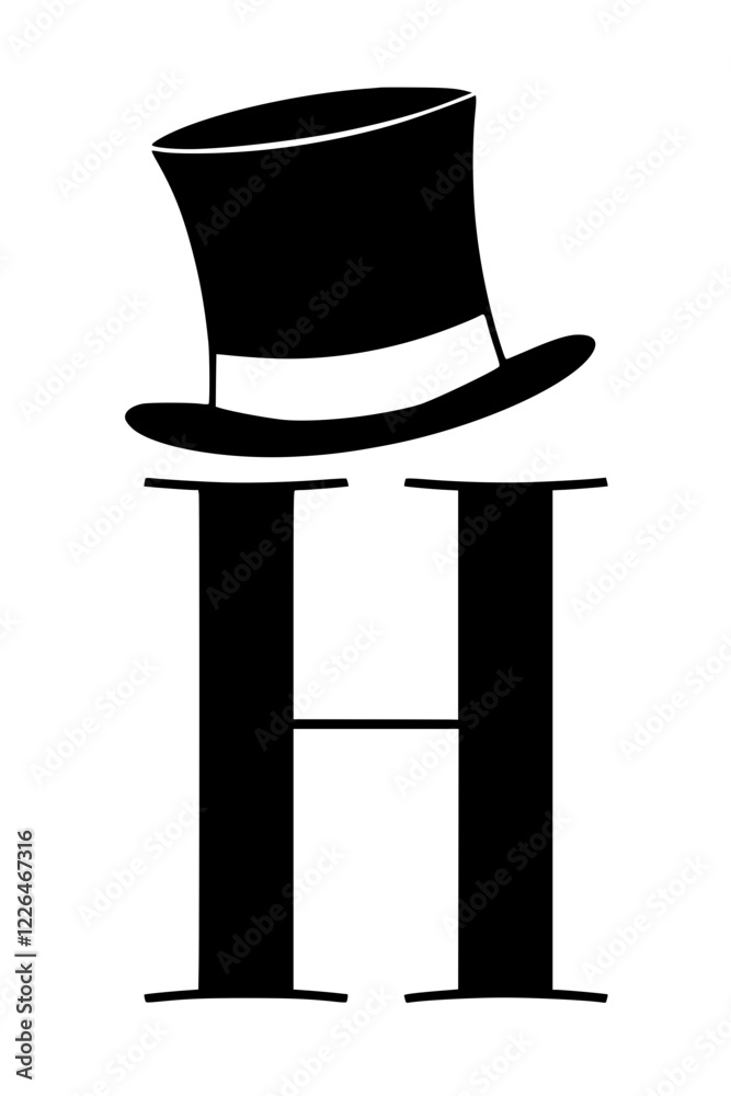 Letter H with Elegant Top Hat Silhouette, Black silhouette of the letter H wearing a classic top hat, symbolizing sophistication, formality, and vintage elegance on a white background.
Letter H with Elegant Top Hat Silhouette, Black silhouette of the letter H wearing a classic top hat, symbolizing sophistication, formality, and vintage elegance on a white background.
