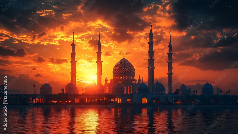 Fototapeta premium Sunset Behind Mosque with Minarets Reflected in Water