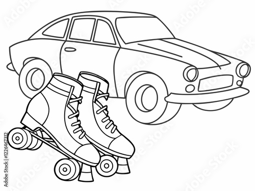 Classic Car and Roller Skates Coloring Page Retro Fun