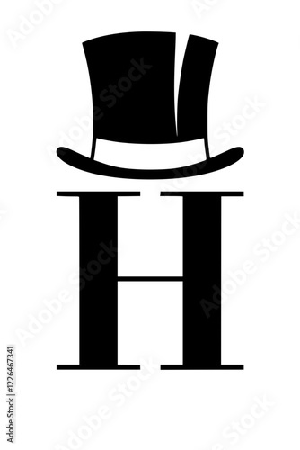 Letter H with Elegant Top Hat Silhouette, Black silhouette of the letter H wearing a classic top hat, symbolizing sophistication, formality, and vintage elegance on a white background.  
  
