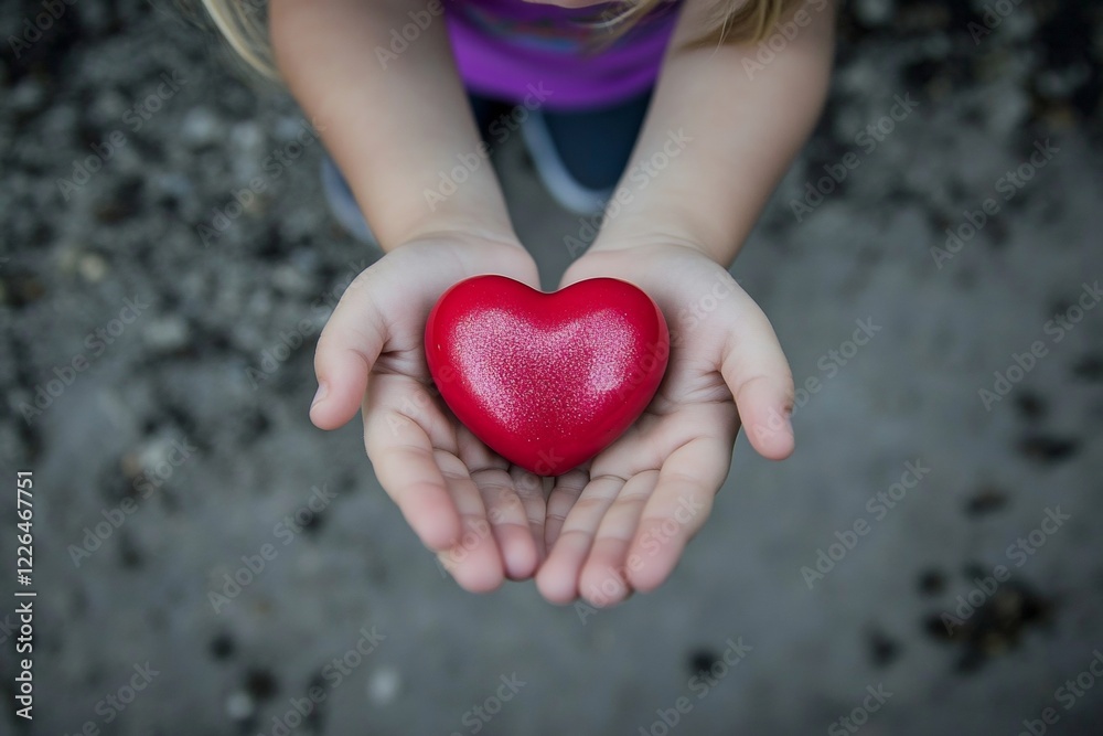 Obraz premium Sign of love. Ð¡hildren valentine's day greeting card: toddler girl with happy face holds red heart in hands. Commercial ad campaign conceptual art. Family-friendly heart concept. Love concept.