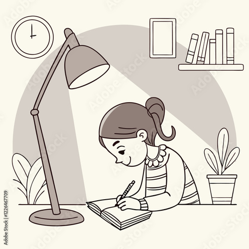 Study a girl in a table have a lamp light