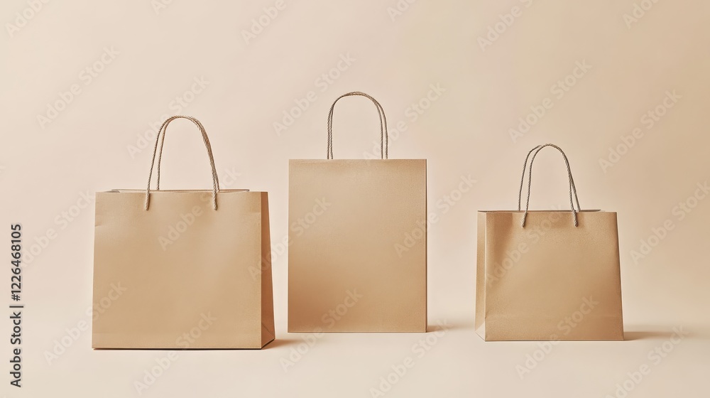 Minimalistic paper bags in various sizes with eco-friendly recyclable material and clean design Minimalistic paper bags in various sizes with eco-friendly recyclable material and clean design
