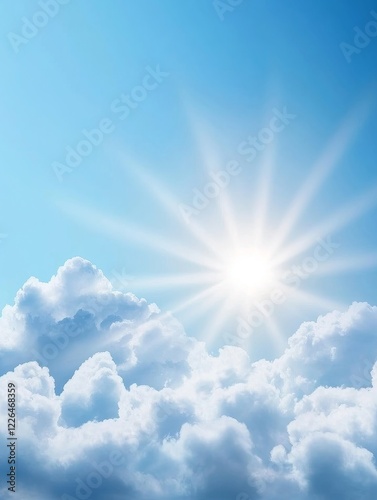 Abstract Blue Clouds with Light Shining Through - Ethereal atmosphere with bright sun rays illuminating fluffy white clouds against a serene blue sky, symbolizing hope tranquility and beauty.