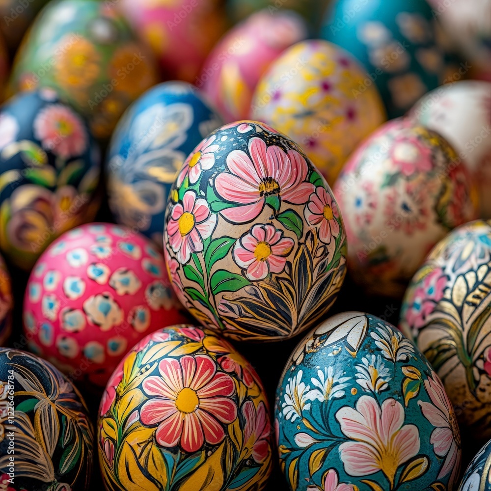 Close-up of hand-painted Easter eggs with intricate floral designs. Perfect for holiday promotions, DIY projects, or artistic craft content. Close-up of hand-painted Easter eggs with intricate floral designs. Perfect for holiday promotions, DIY projects, or artistic craft content.