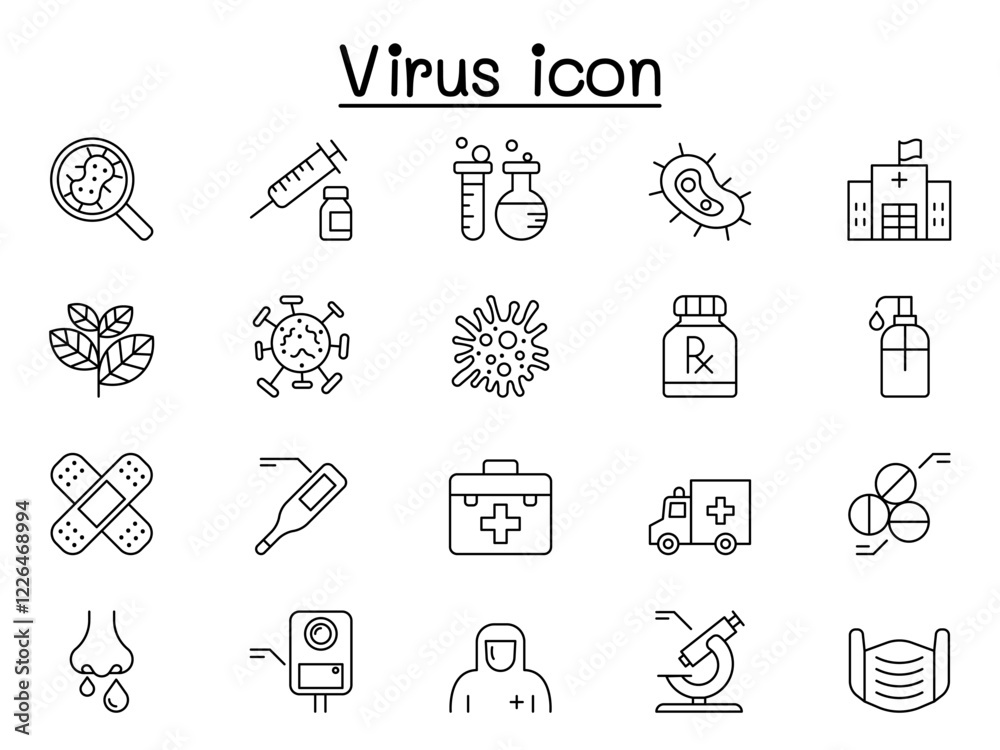 Fototapeta premium Virus disease icon set in thin line style