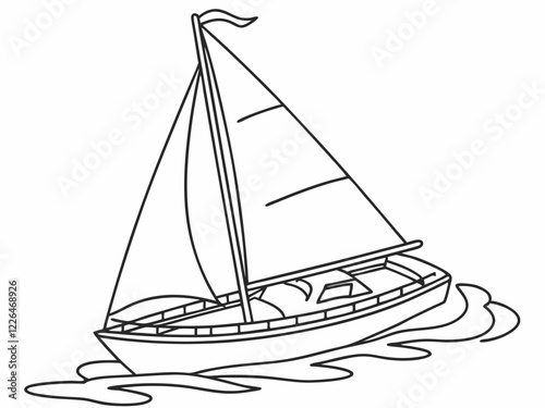 Minimalist sailboat sketch, line drawing, calm ocean waves, single fluffy cloud, tiny seabird, simple black and white illustration, children's book style, nautical theme, 