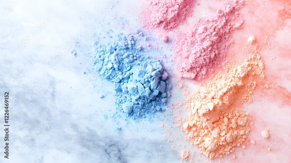Obraz premium Gradient Holi powder patterns on marble, pastel tones, minimalist design. Celebrating color harmony and simplicity