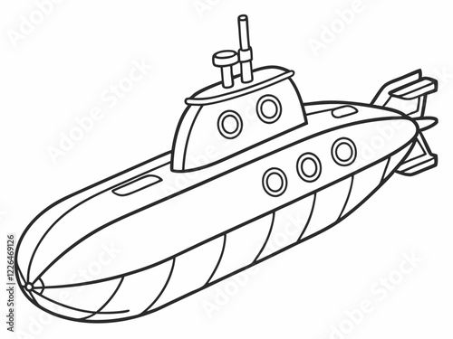  submarine black and white line drawing, simple design, porthole windows, periscope, propeller, streamlined shape, children's book illustration style, nautical theme, underwater vessel, 