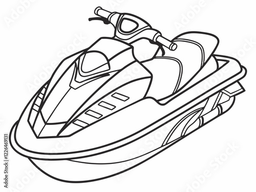Jet ski outline, detailed technical drawing, sleek watercraft design, monochrome sketch, streamlined hull, personal watercraft illustration, single rider vehicle, 