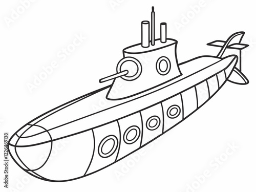 submarine black and white line drawing, simple design, porthole windows, periscope, propeller, streamlined shape, children's book illustration style, nautical theme, underwater vessel, 