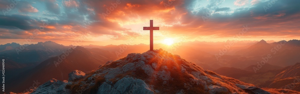 Fototapeta premium A symbolic cross illuminated by a sunrise, evoking hope and spirituality. Ideal for religious, motivational, and scenic themes.