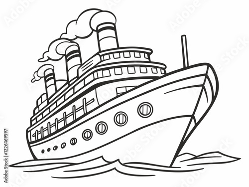 Vintage cruise ship illustration, black and white line drawing, art deco style, streamlined ocean liner, billowing smoke stacks, porthole windows, 