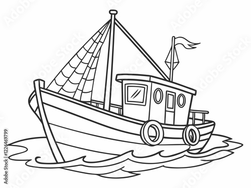  fishing boat, black and white line drawing, simple sketch style, small trawler, wavy water lines, single mast, cabin with portholes, charming nautical illustration, children's book art,