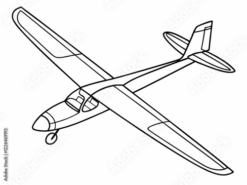 Glider aircraft sketch, minimalist line drawing, side view, sleek aerodynamic design, long wingspan, cockpit detail, propeller-less, graceful silhouette, aviation illustration, 