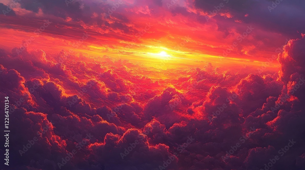 Aerial view fiery sunset above cloudscape Aerial view fiery sunset above cloudscape