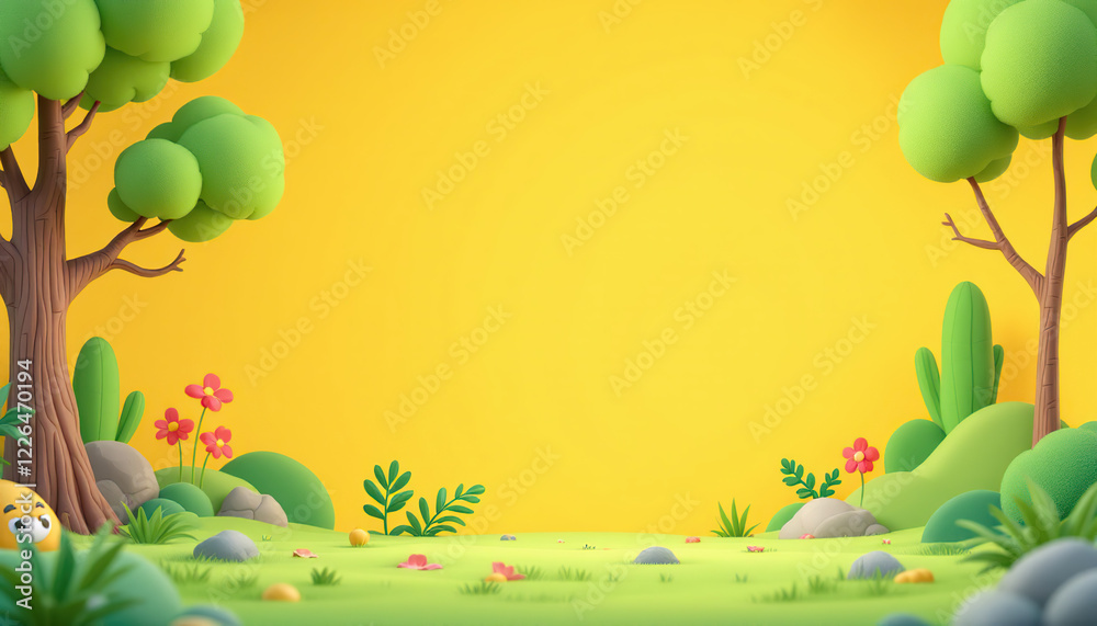 Cartoon Landscape With Green Trees And Flowers Cartoon Landscape With Green Trees And Flowers
