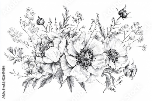 Fototapeta Naklejka Na Ścianę i Meble -  Detailed black and white illustration of blooming peonies and wildflowers with intricate foliage