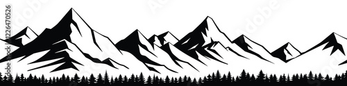 Silhouette mountain range and forest isolated on white background, seamless border, vector design