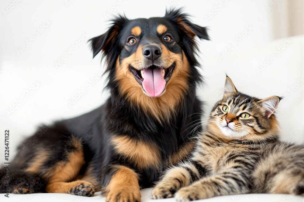 A cheerful dog with a fluffy cat lying on a light background. The dog looks happy with its tongue out, and the feline appears calm. Concept of friendship. Ai generative