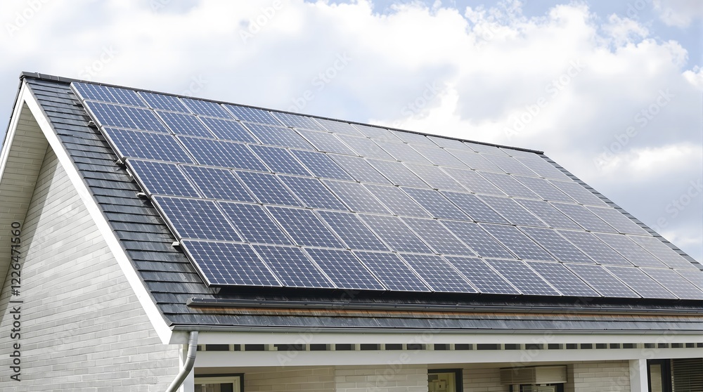 Solar Panel Roof - Modern House, Sustainable Energy, Renewable Power - Ideal for Home Improvement, Eco-Friendly Living, and Green Technology Concepts