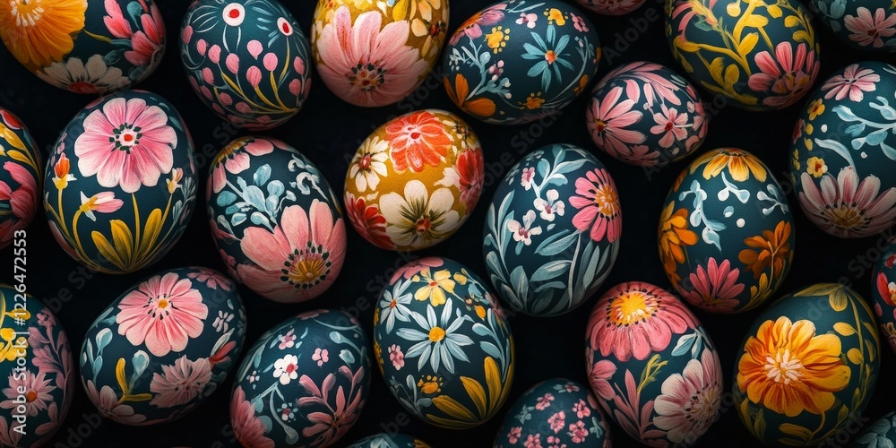 Close-up of hand-painted Easter eggs with intricate floral designs. Perfect for holiday promotions, DIY projects, or artistic craft content.
