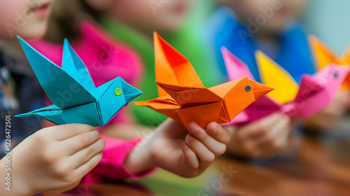 Kids making colorful origami birds in classroom.  Educational craft activity