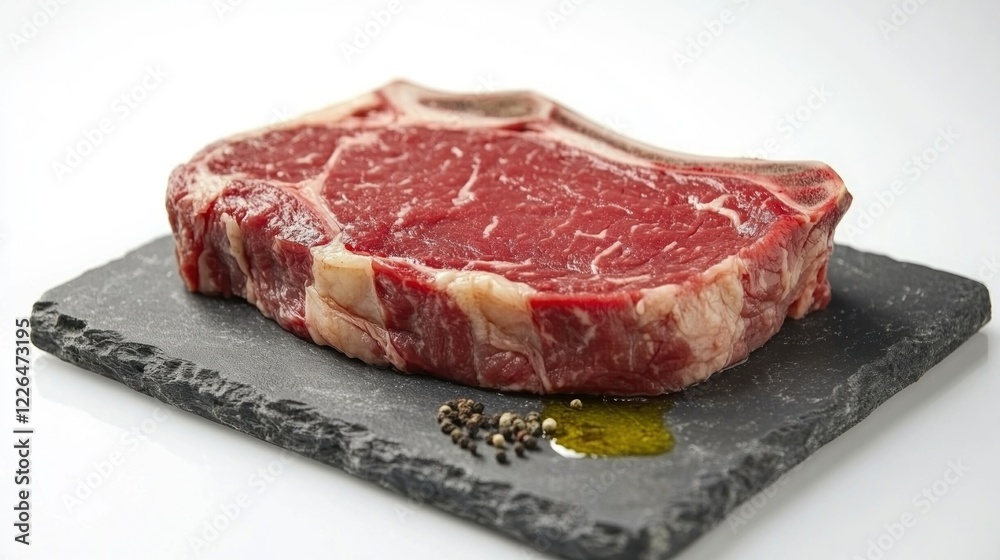 Raw ribeye steak on slate, pepper, oil. Food photography Raw ribeye steak on slate, pepper, oil. Food photography