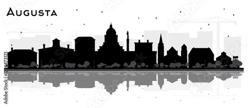 Augusta Maine City Skyline Silhouette with Black Buildings and reflections Isolated on White. Tourism Concept with Historic Architecture. Augusta USA Cityscape with Landmarks.