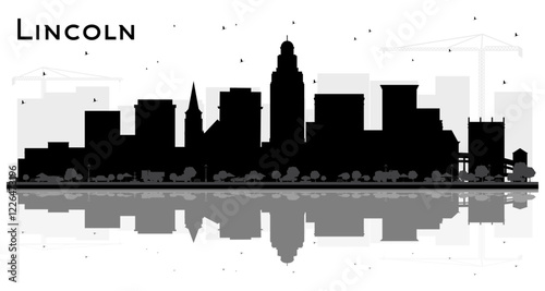Lincoln Nebraska City Skyline Silhouette with Black Buildings and reflections Isolated on White. Tourism Concept with Historic Architecture. Lincoln USA Cityscape with Landmarks.