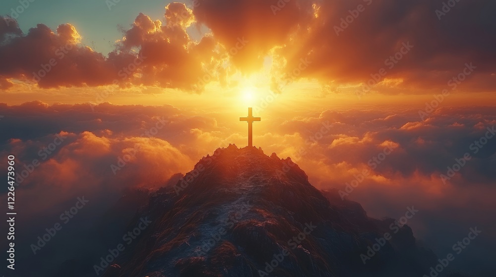 A symbolic cross illuminated by a sunrise, evoking hope and spirituality. Ideal for religious, motivational, and scenic themes. A symbolic cross illuminated by a sunrise, evoking hope and spirituality. Ideal for religious, motivational, and scenic themes.