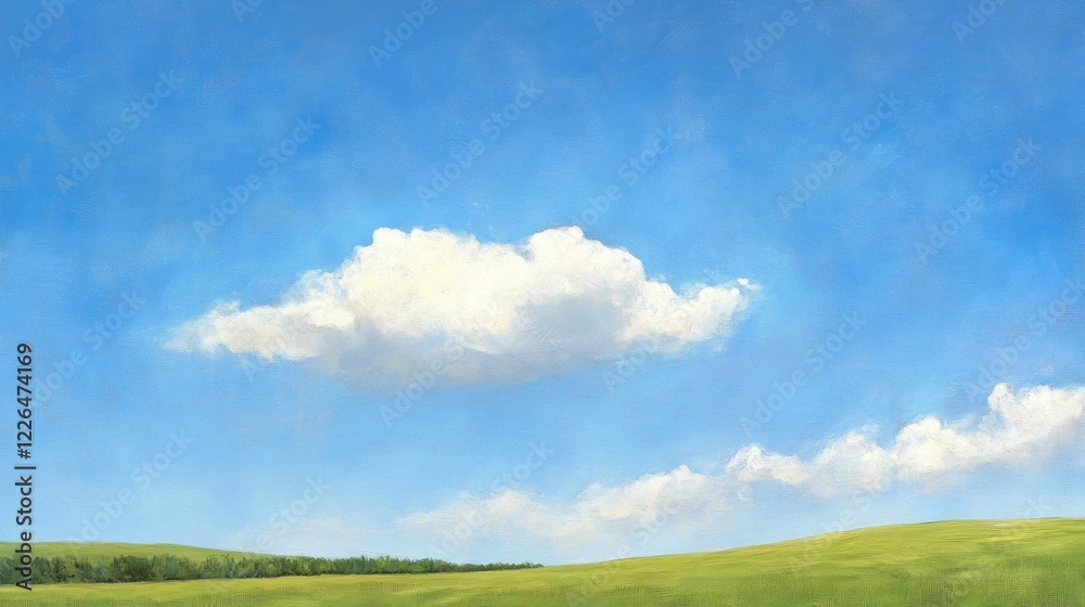 Sunny day, green field, blue sky, single cloud, nature landscape, website banner Sunny day, green field, blue sky, single cloud, nature landscape, website banner