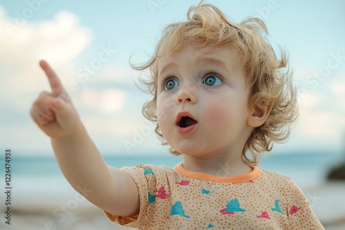 Curious child pointing at something interesting on a beach, with a serene ocean and clouds in the background photo