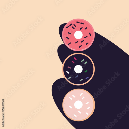 Collection of colorful donuts with isometric mess toppings, unhealthy food, food concept
