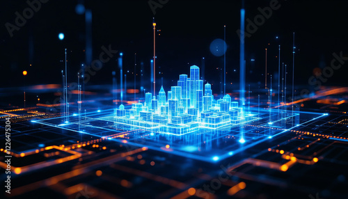 Wallpaper Mural Futuristic cityscape with glowing blue neon lights and digital grid Torontodigital.ca