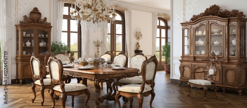 Elegant Dining Room with Antique Furniture and Crystal Chandelier