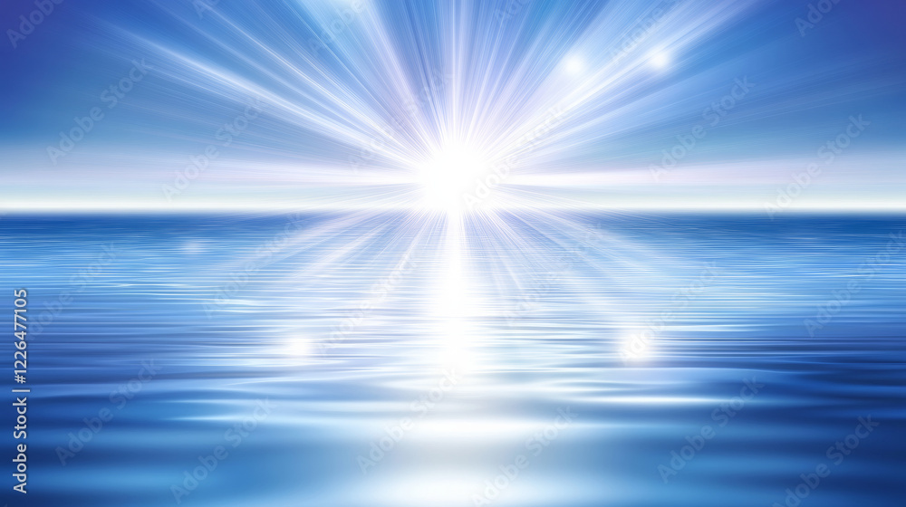 Bright sunburst over calm ocean with serene atmosphere Bright sunburst over calm ocean with serene atmosphere