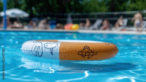 Colorful Pool Float in Bright Blue Water with People Relaxing in Background photo