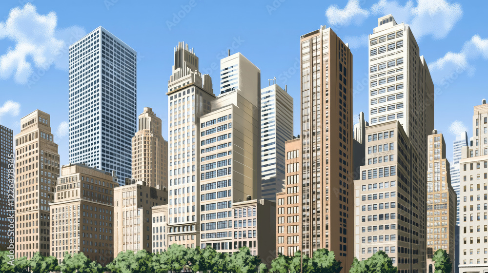 cityscape with tall buildings under clear blue sky