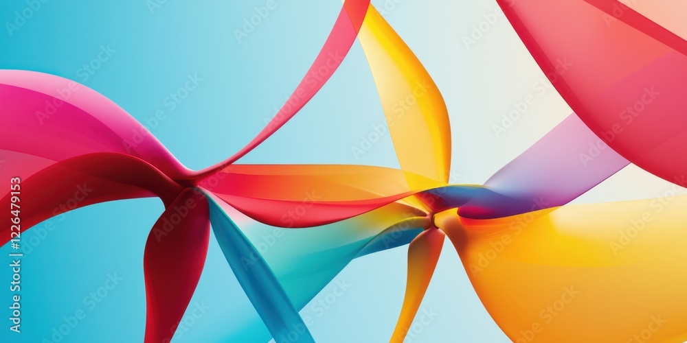 clean energy wind solutions concept. Colorful ribbons swirl against a bright blue background, creating a vibrant and dynamic composition. clean energy wind solutions concept. Colorful ribbons swirl against a bright blue background, creating a vibrant and dynamic composition.