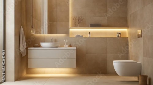 Modern Bathroom with Beige Tiles and Minimalist Design