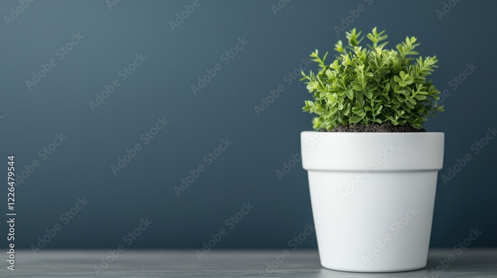 Small Green Plant in White Pot Against Blue Wall Background Small Green Plant in White Pot Against Blue Wall Background