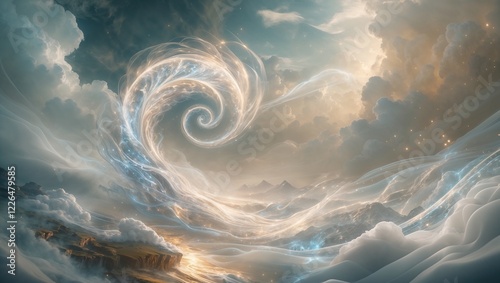 Fantasy background with dreamy lights and shining energy flow in the sky and river
