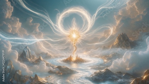Fantasy background with dreamy lights and shining energy flow in the sky and river